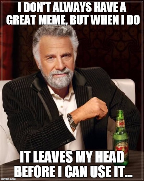 The Most Interesting Man In The World | I DON'T ALWAYS HAVE A GREAT MEME, BUT WHEN I DO; IT LEAVES MY HEAD BEFORE I CAN USE IT... | image tagged in memes,the most interesting man in the world | made w/ Imgflip meme maker