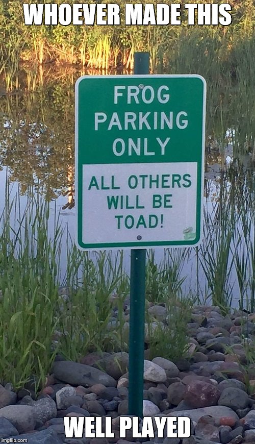 Frog parking | WHOEVER MADE THIS; WELL PLAYED | image tagged in memes,funny signs,bad puns | made w/ Imgflip meme maker