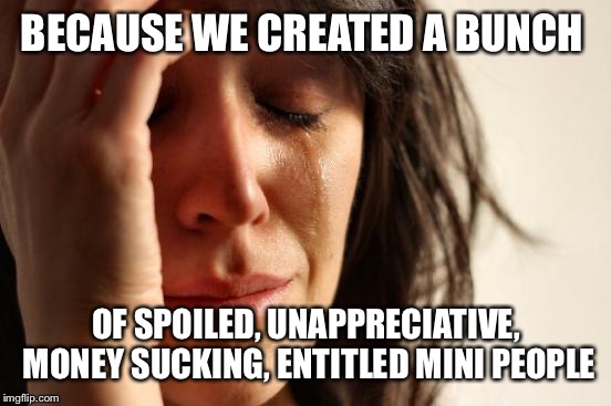 First World Problems Meme | BECAUSE WE CREATED A BUNCH OF SPOILED, UNAPPRECIATIVE, MONEY SUCKING, ENTITLED MINI PEOPLE | image tagged in memes,first world problems | made w/ Imgflip meme maker