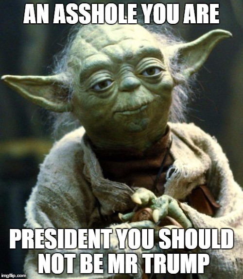 Star Wars Yoda Meme | AN ASSHOLE YOU ARE; PRESIDENT YOU SHOULD NOT BE MR TRUMP | image tagged in memes,star wars yoda | made w/ Imgflip meme maker