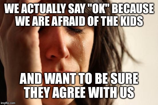First World Problems Meme | WE ACTUALLY SAY "OK" BECAUSE WE ARE AFRAID OF THE KIDS AND WANT TO BE SURE THEY AGREE WITH US | image tagged in memes,first world problems | made w/ Imgflip meme maker
