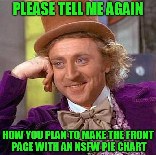 Are you for reals?... | PLEASE TELL ME AGAIN; HOW YOU PLAN TO MAKE THE FRONT PAGE WITH AN NSFW PIE CHART | image tagged in memes,creepy condescending wonka,front page,nsfw,pie chart,headfoot | made w/ Imgflip meme maker