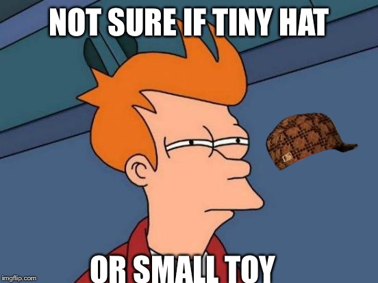 Futurama Fry Meme | NOT SURE IF TINY HAT; OR SMALL TOY | image tagged in memes,futurama fry,scumbag | made w/ Imgflip meme maker