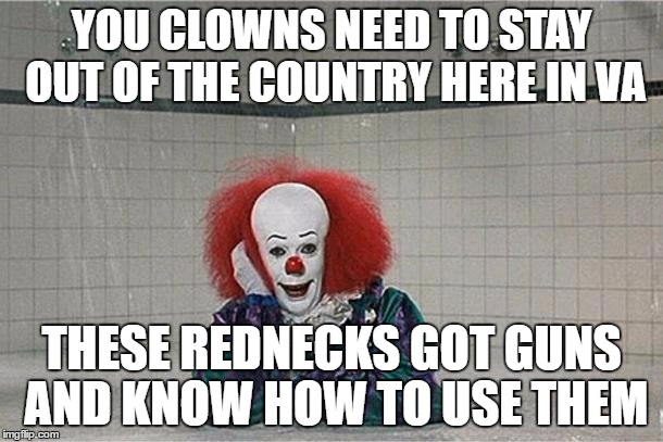 It Clown | YOU CLOWNS NEED TO STAY OUT OF THE COUNTRY HERE IN VA; THESE REDNECKS GOT GUNS AND KNOW HOW TO USE THEM | image tagged in it clown | made w/ Imgflip meme maker