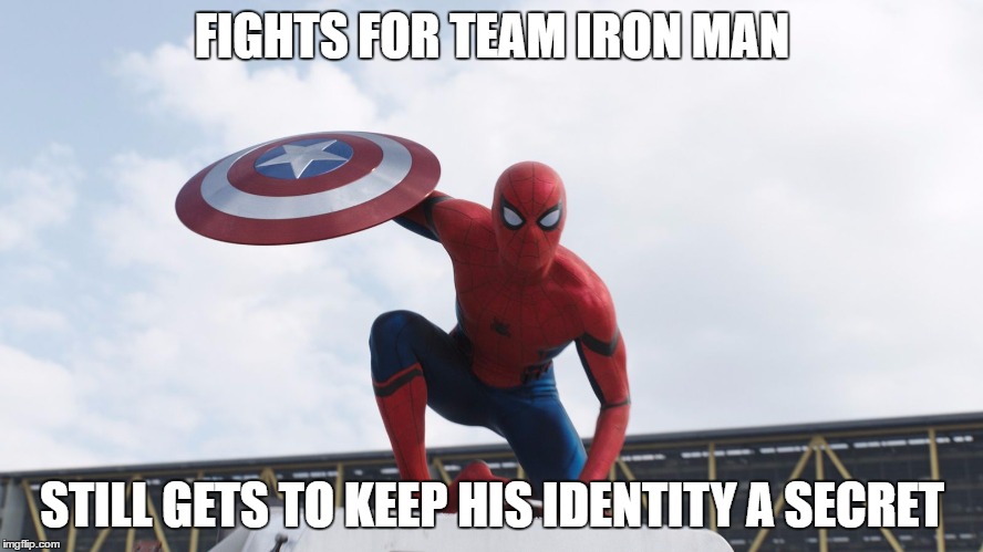 FIGHTS FOR TEAM IRON MAN; STILL GETS TO KEEP HIS IDENTITY A SECRET | image tagged in captain america civil war,tom holland,spider man civil war,iron man civil war,team iron man,sokovia accords | made w/ Imgflip meme maker