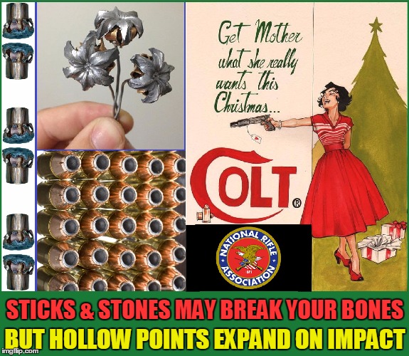 Merry Christmas from the NRA | STICKS & STONES MAY BREAK YOUR BONES; BUT HOLLOW POINTS EXPAND ON IMPACT | image tagged in nra,vince vance,hollow point flowers,give mother a gun for christmas | made w/ Imgflip meme maker