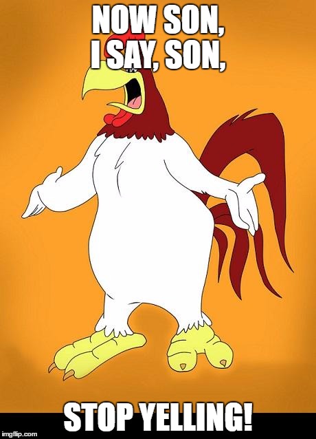 Foghorn leghorn | NOW SON, I SAY, SON, STOP YELLING! | image tagged in foghorn leghorn | made w/ Imgflip meme maker