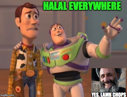 X, X Everywhere Meme | HALAL EVERYWHERE YES. LAMB CHOPS | image tagged in memes,x x everywhere | made w/ Imgflip meme maker