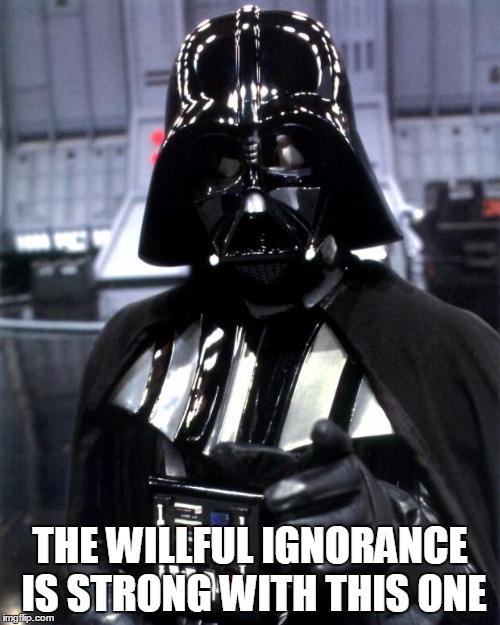 Darth Vader | THE WILLFUL IGNORANCE IS STRONG WITH THIS ONE | image tagged in darth vader | made w/ Imgflip meme maker