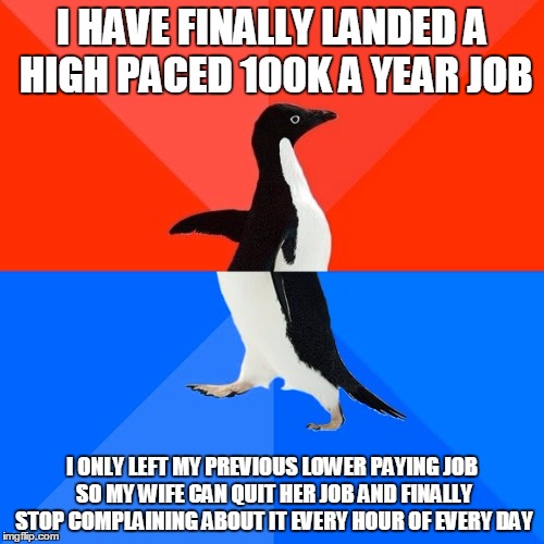 Socially Awesome Awkward Penguin Meme | I HAVE FINALLY LANDED A HIGH PACED 100K A YEAR JOB; I ONLY LEFT MY PREVIOUS LOWER PAYING JOB SO MY WIFE CAN QUIT HER JOB AND FINALLY STOP COMPLAINING ABOUT IT EVERY HOUR OF EVERY DAY | image tagged in memes,socially awesome awkward penguin | made w/ Imgflip meme maker