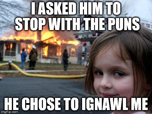 Disaster Girl Meme | I ASKED HIM TO STOP WITH THE PUNS; HE CHOSE TO IGNAWL ME | image tagged in memes,disaster girl | made w/ Imgflip meme maker