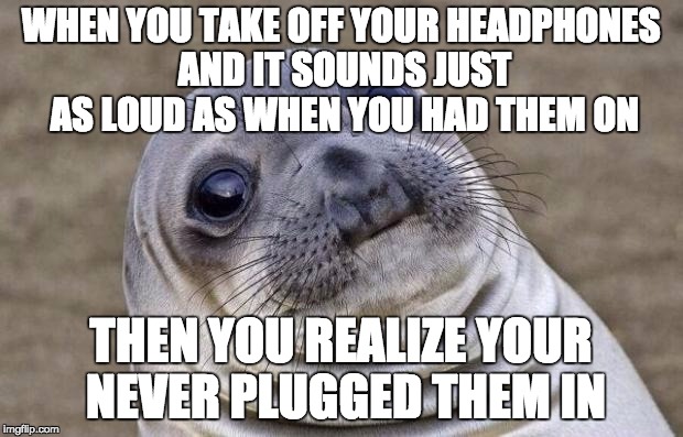 Headphones, man... | WHEN YOU TAKE OFF YOUR HEADPHONES AND IT SOUNDS JUST AS LOUD AS WHEN YOU HAD THEM ON; THEN YOU REALIZE YOUR NEVER PLUGGED THEM IN | image tagged in memes,awkward moment sealion,headphones,fail,lol | made w/ Imgflip meme maker