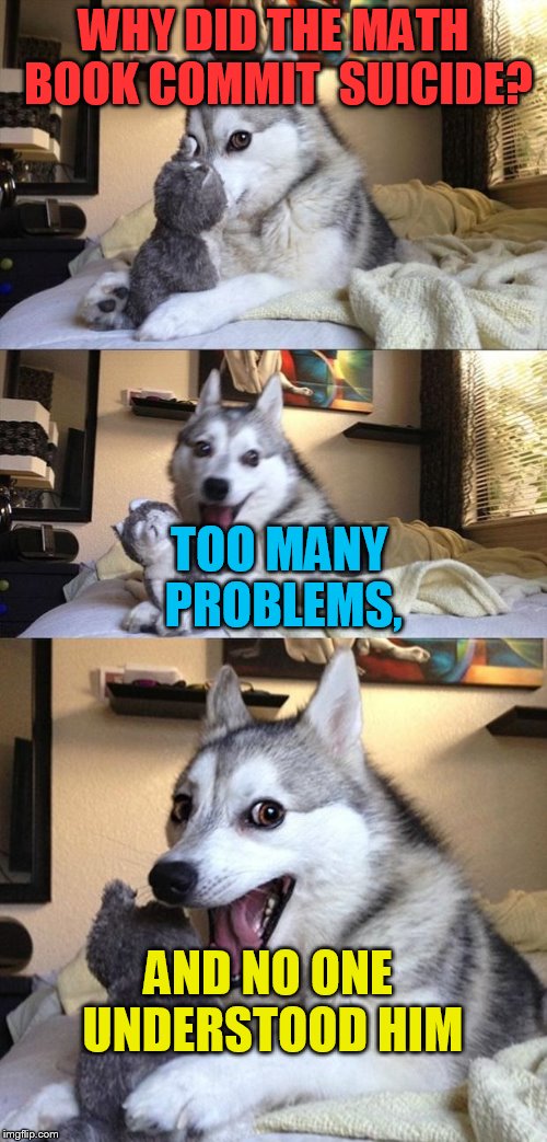 Bad Joke Dog | WHY DID THE MATH BOOK COMMIT  SUICIDE? TOO MANY PROBLEMS, AND NO ONE UNDERSTOOD HIM | image tagged in bad joke dog | made w/ Imgflip meme maker