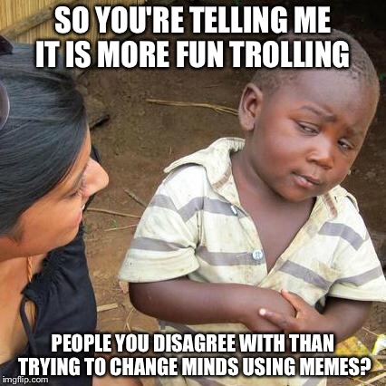 Third World Skeptical Kid Meme | SO YOU'RE TELLING ME IT IS MORE FUN TROLLING PEOPLE YOU DISAGREE WITH THAN TRYING TO CHANGE MINDS USING MEMES? | image tagged in memes,third world skeptical kid | made w/ Imgflip meme maker