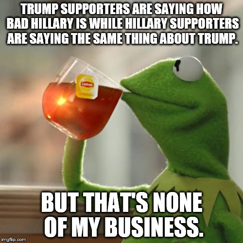 But That's None Of My Business Meme | TRUMP SUPPORTERS ARE SAYING HOW BAD HILLARY IS WHILE HILLARY SUPPORTERS ARE SAYING THE SAME THING ABOUT TRUMP. BUT THAT'S NONE OF MY BUSINESS. | image tagged in memes,but thats none of my business,kermit the frog | made w/ Imgflip meme maker
