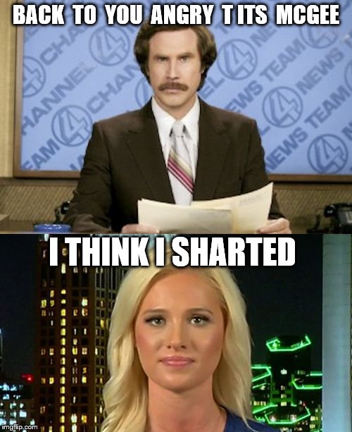 BACK  TO  YOU  ANGRY  T ITS  MCGEE; I THINK I SHARTED | image tagged in anchorman,tomi lahren | made w/ Imgflip meme maker