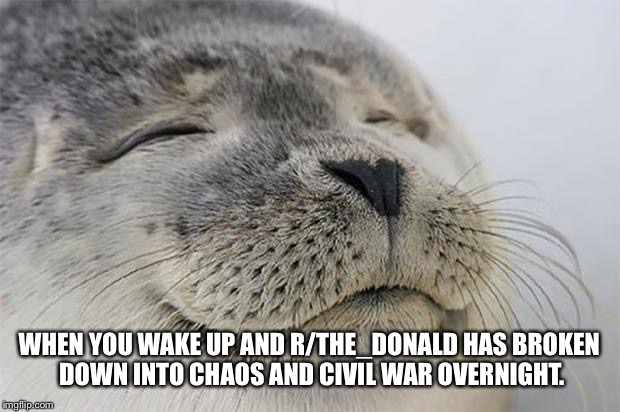 Satisfied Seal Meme | WHEN YOU WAKE UP AND R/THE_DONALD HAS BROKEN DOWN INTO CHAOS AND CIVIL WAR OVERNIGHT. | image tagged in memes,satisfied seal | made w/ Imgflip meme maker
