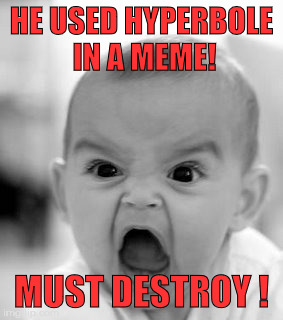 Angry Baby | HE USED HYPERBOLE IN A MEME! MUST DESTROY ! | image tagged in memes,angry baby | made w/ Imgflip meme maker