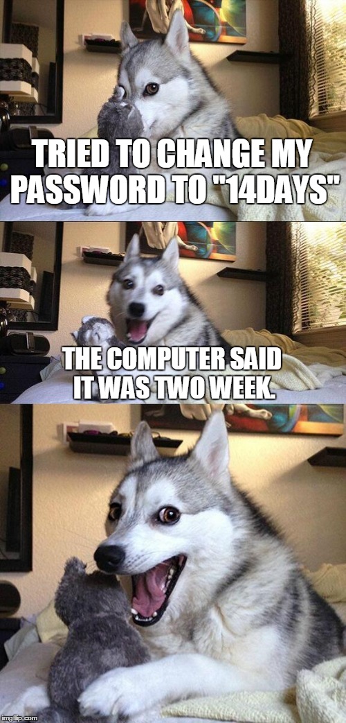 Bad Pun Dog Meme | TRIED TO CHANGE MY PASSWORD TO "14DAYS"; THE COMPUTER SAID IT WAS TWO WEEK. | image tagged in memes,bad pun dog | made w/ Imgflip meme maker