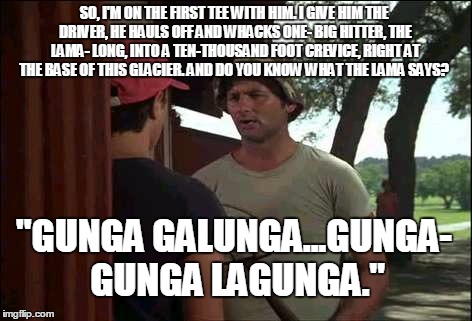 SO, I'M ON THE FIRST TEE WITH HIM. I GIVE HIM THE DRIVER, HE HAULS OFF AND WHACKS ONE- BIG HITTER, THE LAMA- LONG, INTO A TEN-THOUSAND FOOT CREVICE, RIGHT AT THE BASE OF THIS GLACIER. AND DO YOU KNOW WHAT THE LAMA SAYS? "GUNGA GALUNGA...GUNGA- GUNGA LAGUNGA." | image tagged in funny | made w/ Imgflip meme maker