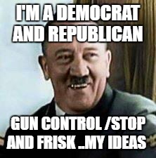 laughing hitler | I'M A DEMOCRAT AND REPUBLICAN; GUN CONTROL /STOP AND FRISK ..MY IDEAS | image tagged in laughing hitler | made w/ Imgflip meme maker