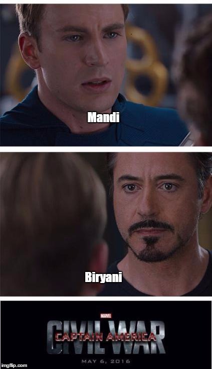 Marvel Civil War 1 | Mandi; Biryani | image tagged in memes,marvel civil war 1 | made w/ Imgflip meme maker