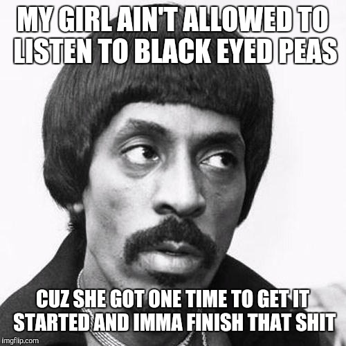 ike turner | MY GIRL AIN'T ALLOWED TO LISTEN TO BLACK EYED PEAS; CUZ SHE GOT ONE TIME TO GET IT STARTED AND IMMA FINISH THAT SHIT | image tagged in ike turner | made w/ Imgflip meme maker