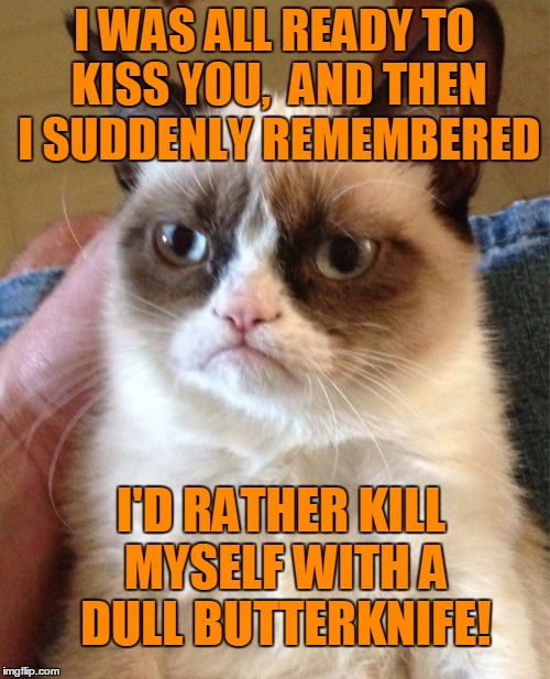 Grumpy Cat Meme | I WAS ALL READY TO KISS YOU,  AND THEN I SUDDENLY REMEMBERED I'D RATHER KILL MYSELF WITH A DULL BUTTERKNIFE! | image tagged in memes,grumpy cat | made w/ Imgflip meme maker