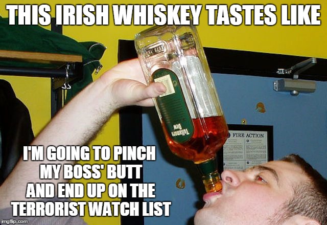 THIS IRISH WHISKEY TASTES LIKE I'M GOING TO PINCH MY BOSS' BUTT AND END UP ON THE TERRORIST WATCH LIST | made w/ Imgflip meme maker