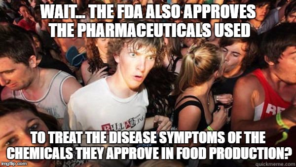 FDA Regulations | WAIT... THE FDA ALSO APPROVES THE PHARMACEUTICALS USED; TO TREAT THE DISEASE SYMPTOMS OF THE CHEMICALS THEY APPROVE IN FOOD PRODUCTION? | image tagged in realization ralph,government corruption,regulations,fda,health | made w/ Imgflip meme maker