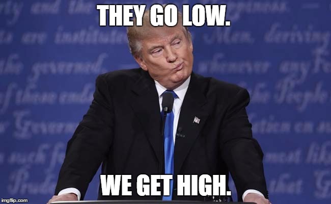 They go low. We get high. | THEY GO LOW. WE GET HIGH. | image tagged in donald trump,presidential debate,debate,trump | made w/ Imgflip meme maker