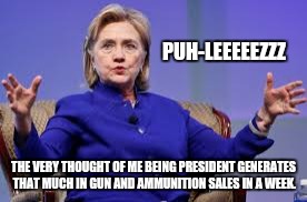 Precious hillary | PUH-LEEEEEZZZ THE VERY THOUGHT OF ME BEING PRESIDENT GENERATES THAT MUCH IN GUN AND AMMUNITION SALES IN A WEEK. | image tagged in precious hillary | made w/ Imgflip meme maker