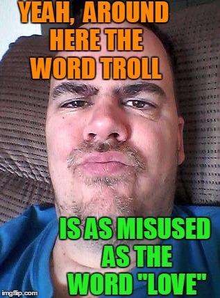 Scowl | YEAH,  AROUND HERE THE WORD TROLL IS AS MISUSED AS THE WORD "LOVE" | image tagged in scowl | made w/ Imgflip meme maker