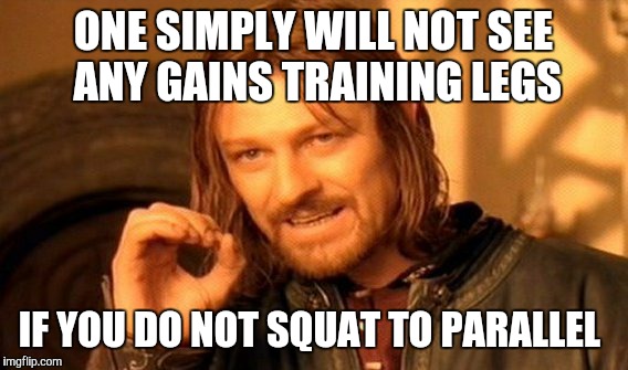 One Does Not Simply | ONE SIMPLY WILL NOT SEE ANY GAINS TRAINING LEGS; IF YOU DO NOT SQUAT TO PARALLEL | image tagged in memes,one does not simply | made w/ Imgflip meme maker