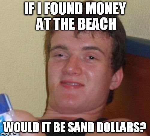 10 Guy Meme | IF I FOUND MONEY AT THE BEACH; WOULD IT BE SAND DOLLARS? | image tagged in memes,10 guy | made w/ Imgflip meme maker