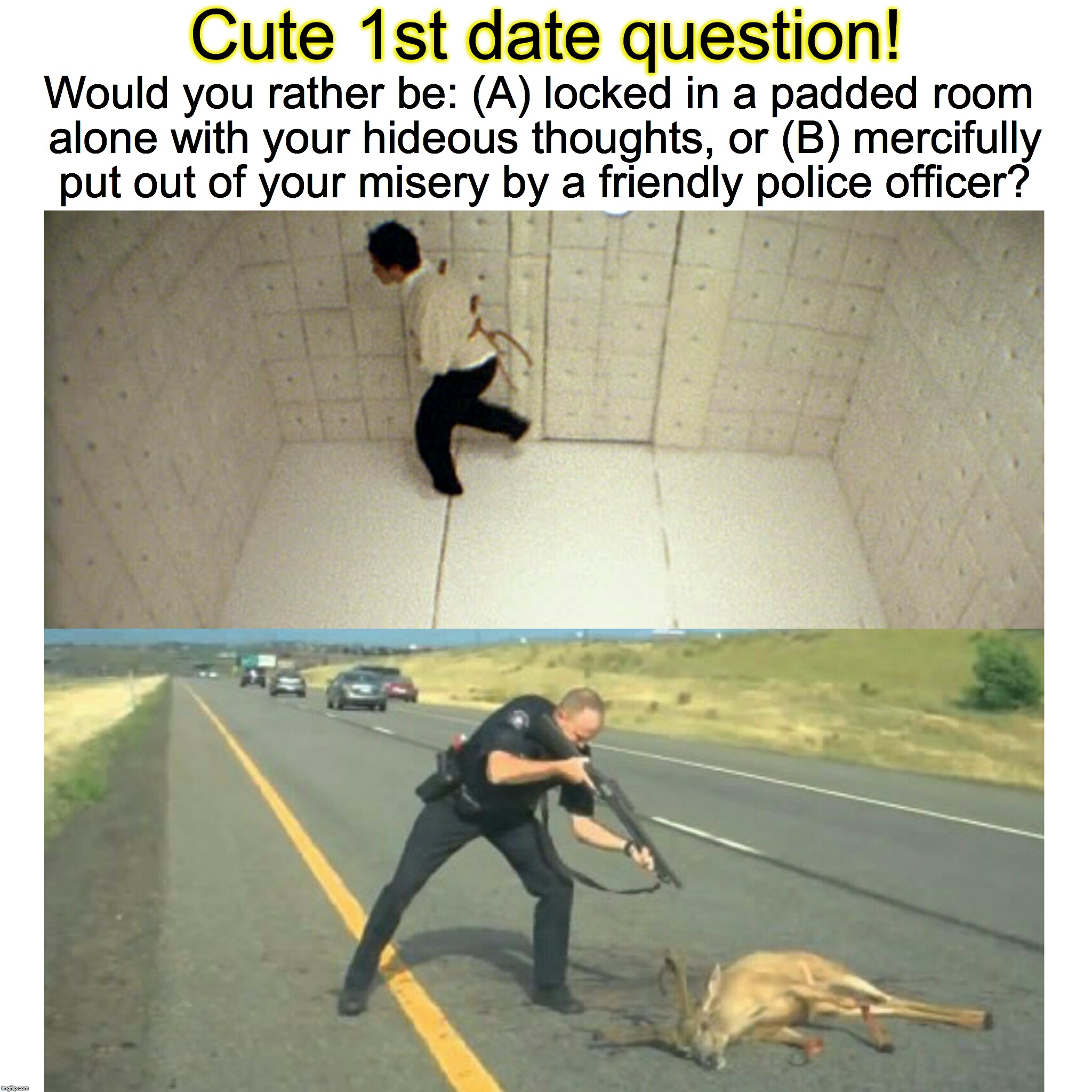 Just Put Me Outta My Misery | Cute 1st date question! Would you rather be: (A) locked in a padded room alone with your hideous thoughts, or (B) mercifully put out of your misery by a friendly police officer? | image tagged in dating,online dating,tinder,police brutality,mental hospital,original meme | made w/ Imgflip meme maker