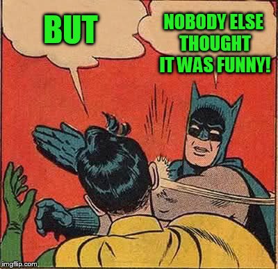 Batman Slapping Robin Meme | BUT NOBODY ELSE THOUGHT IT WAS FUNNY! | image tagged in memes,batman slapping robin | made w/ Imgflip meme maker
