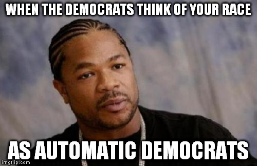 Oh! Cause I'm not white, I MUST be a democrat?!? | WHEN THE DEMOCRATS THINK OF YOUR RACE; AS AUTOMATIC DEMOCRATS | image tagged in memes,serious xzibit,biased democrats,biased media,liberal logic,hillary clinton for prison hospital 2016 | made w/ Imgflip meme maker