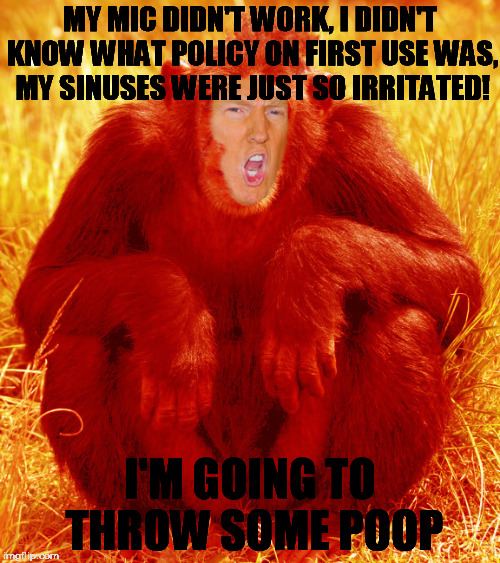 trumpanzee throws poop | MY MIC DIDN'T WORK, I DIDN'T KNOW WHAT POLICY ON FIRST USE WAS, MY SINUSES WERE JUST SO IRRITATED! I'M GOING TO THROW SOME POOP | image tagged in trump 2016,trumpanzee,trump looses debate | made w/ Imgflip meme maker