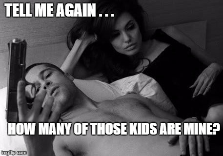 Brad and Jolie | TELL ME AGAIN . . . HOW MANY OF THOSE KIDS ARE MINE? | image tagged in brangelina,brad pitt,angelina jolie | made w/ Imgflip meme maker