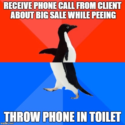 Socially Awesome Awkward Penguin Meme | RECEIVE PHONE CALL FROM CLIENT ABOUT BIG SALE WHILE PEEING; THROW PHONE IN TOILET | image tagged in memes,socially awesome awkward penguin | made w/ Imgflip meme maker