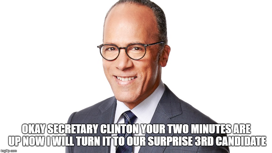 OKAY SECRETARY CLINTON YOUR TWO MINUTES ARE UP NOW I WILL TURN IT TO OUR SURPRISE 3RD CANDIDATE | made w/ Imgflip meme maker