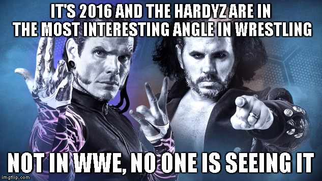 Broken Hardyz | IT'S 2016 AND THE HARDYZ ARE IN THE MOST INTERESTING ANGLE IN WRESTLING; NOT IN WWE, NO ONE IS SEEING IT | image tagged in pro wrestling | made w/ Imgflip meme maker