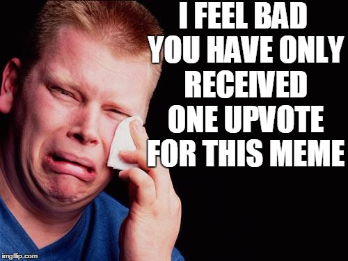 cry | I FEEL BAD YOU HAVE ONLY RECEIVED ONE UPVOTE FOR THIS MEME | image tagged in cry | made w/ Imgflip meme maker