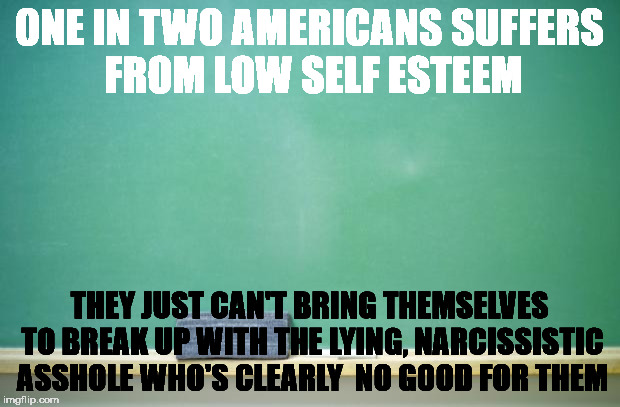 blank chalkboard | ONE IN TWO AMERICANS SUFFERS FROM LOW SELF ESTEEM; THEY JUST CAN'T BRING THEMSELVES TO BREAK UP WITH THE LYING, NARCISSISTIC ASSHOLE WHO'S CLEARLY  NO GOOD FOR THEM | image tagged in blank chalkboard | made w/ Imgflip meme maker