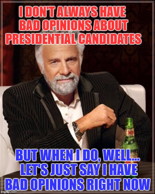 The Most Interesting Man In The World Meme | I DON'T ALWAYS HAVE BAD OPINIONS ABOUT PRESIDENTIAL CANDIDATES; BUT WHEN I DO, WELL... LET'S JUST SAY I HAVE BAD OPINIONS RIGHT NOW | image tagged in memes,the most interesting man in the world | made w/ Imgflip meme maker