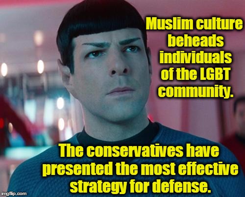 Conflicted Spock | Muslim culture beheads individuals of the LGBT community. The conservatives have presented the most effective strategy for defense. | image tagged in conflicted spock,conservatives,isis | made w/ Imgflip meme maker