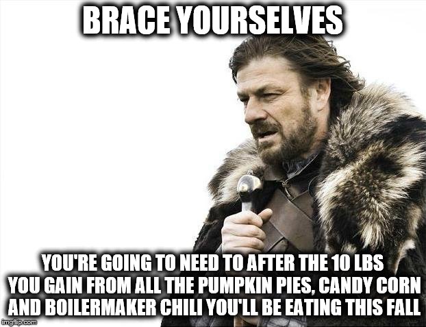 Fall Food | BRACE YOURSELVES; YOU'RE GOING TO NEED TO AFTER THE 10 LBS YOU GAIN FROM ALL THE PUMPKIN PIES, CANDY CORN AND BOILERMAKER CHILI YOU'LL BE EATING THIS FALL | image tagged in memes,brace yourselves x is coming,food,fall,overweight,candy | made w/ Imgflip meme maker