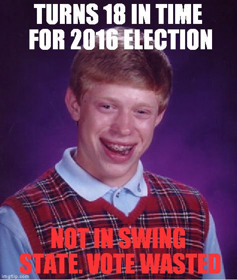 Brian votes | TURNS 18 IN TIME FOR 2016 ELECTION; NOT IN SWING STATE. VOTE WASTED | image tagged in memes,bad luck brian,election,2016,swing state,electoral college | made w/ Imgflip meme maker