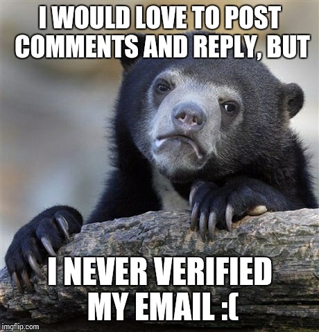 Confession Bear | I WOULD LOVE TO POST COMMENTS AND REPLY, BUT; I NEVER VERIFIED MY EMAIL
:( | image tagged in memes,confession bear | made w/ Imgflip meme maker